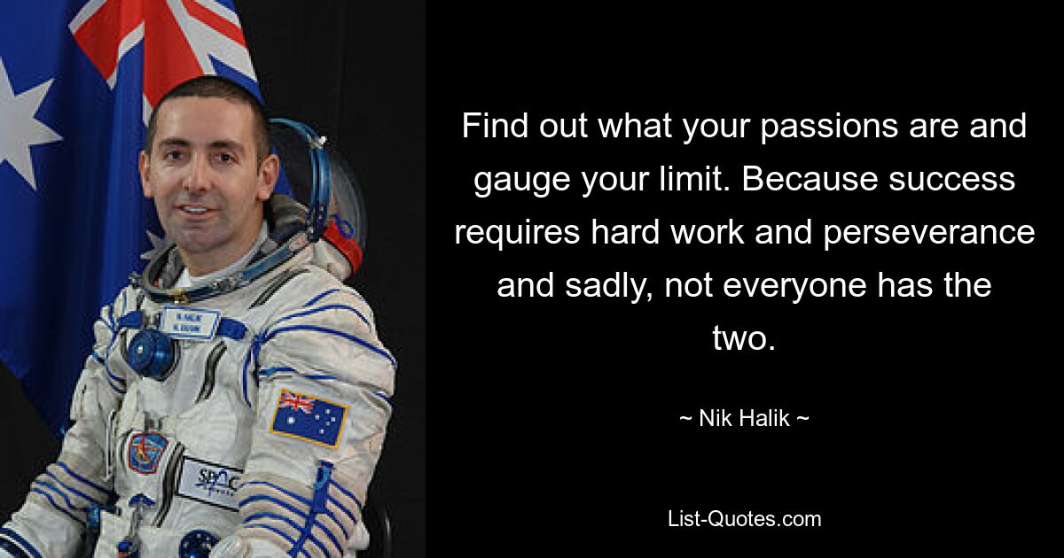 Find out what your passions are and gauge your limit. Because success requires hard work and perseverance and sadly, not everyone has the two. — © Nik Halik