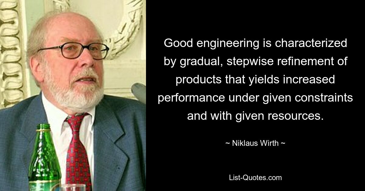 Хорошее проектирование характеризуется постепенным, поэтапным усовершенствованием продуктов, которое обеспечивает повышение производительности при заданных ограничениях и с заданными ресурсами. — © Никлаус Вирт