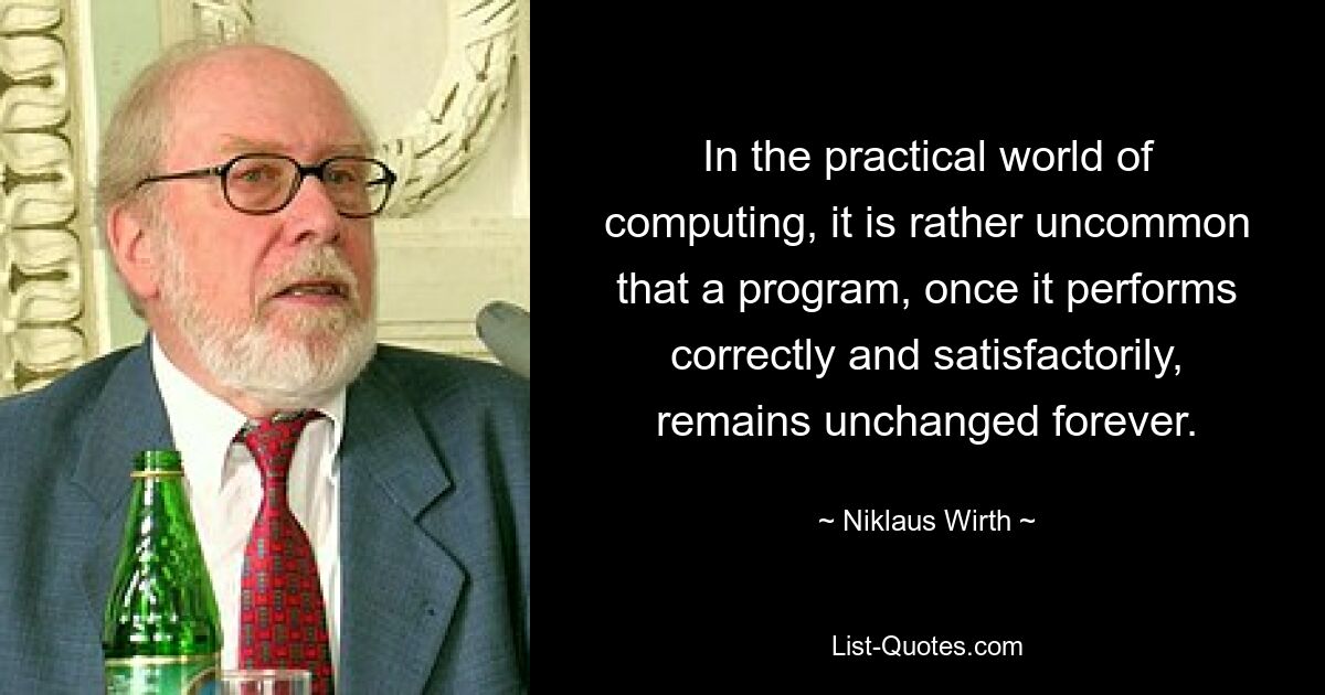 In the practical world of computing, it is rather uncommon that a program, once it performs correctly and satisfactorily, remains unchanged forever. — © Niklaus Wirth