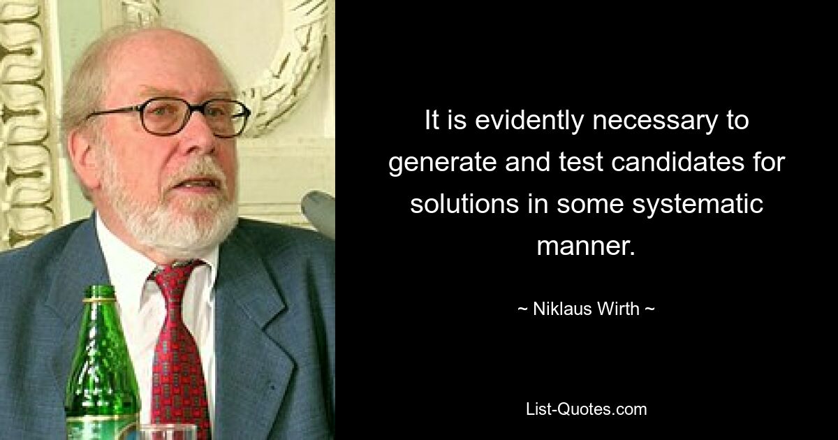 Es ist offensichtlich notwendig, Lösungskandidaten systematisch zu generieren und zu testen. — © Niklaus Wirth