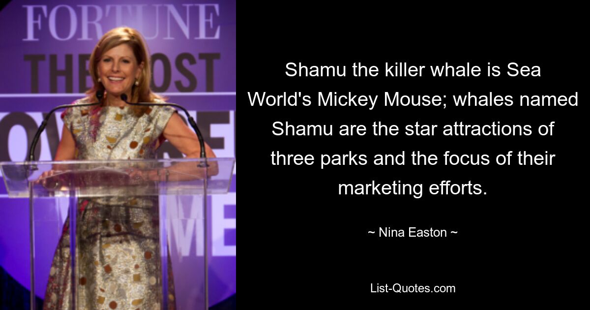 Shamu the killer whale is Sea World's Mickey Mouse; whales named Shamu are the star attractions of three parks and the focus of their marketing efforts. — © Nina Easton