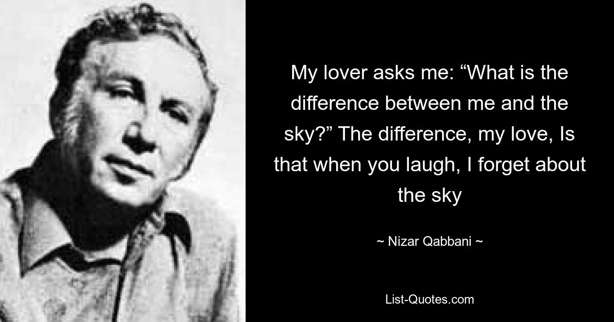 Мой возлюбленный спрашивает меня: «Чем я отличаюсь от неба?» Разница, любовь моя, В том, что когда ты смеешься, я забываю о небе — © Nizar Qabbani 