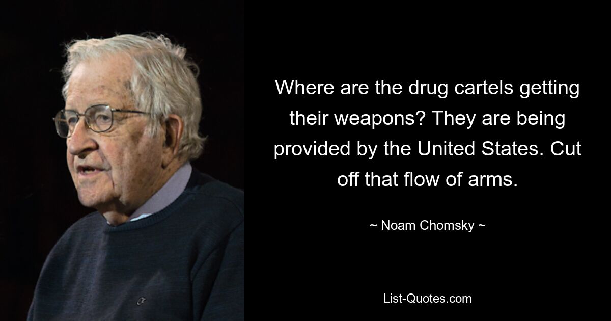 Where are the drug cartels getting their weapons? They are being provided by the United States. Cut off that flow of arms. — © Noam Chomsky