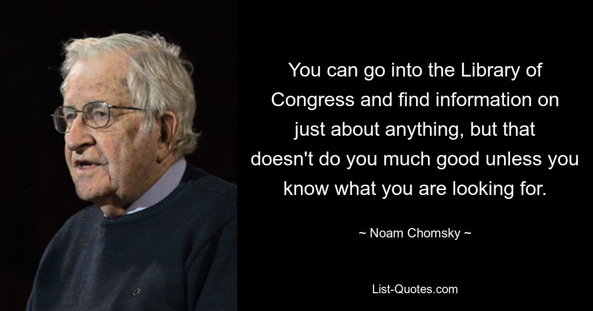 You can go into the Library of Congress and find information on just about anything, but that doesn't do you much good unless you know what you are looking for. — © Noam Chomsky