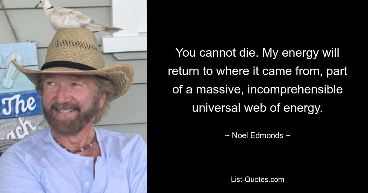 You cannot die. My energy will return to where it came from, part of a massive, incomprehensible universal web of energy. — © Noel Edmonds