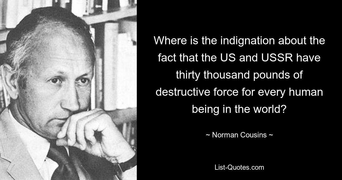 Where is the indignation about the fact that the US and USSR have thirty thousand pounds of destructive force for every human being in the world? — © Norman Cousins