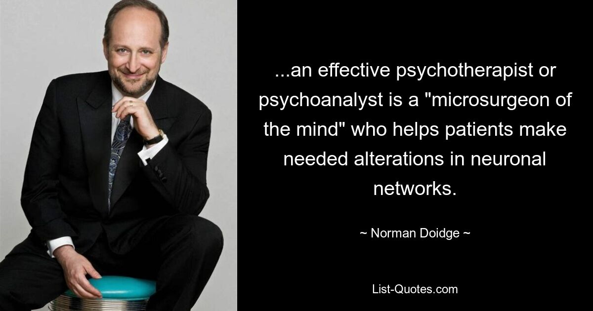 ...an effective psychotherapist or psychoanalyst is a "microsurgeon of the mind" who helps patients make needed alterations in neuronal networks. — © Norman Doidge