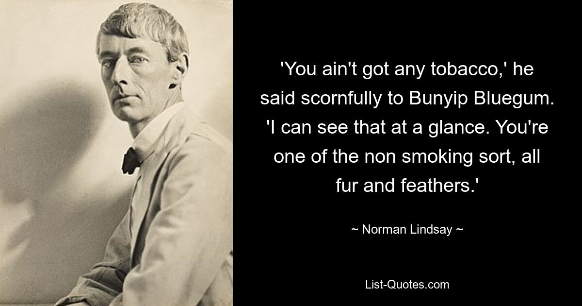 'You ain't got any tobacco,' he said scornfully to Bunyip Bluegum. 'I can see that at a glance. You're one of the non smoking sort, all fur and feathers.' — © Norman Lindsay