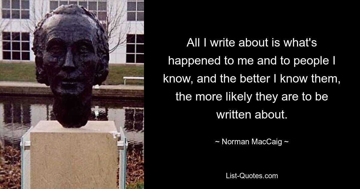 All I write about is what's happened to me and to people I know, and the better I know them, the more likely they are to be written about. — © Norman MacCaig