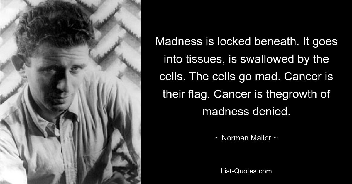 Madness is locked beneath. It goes into tissues, is swallowed by the cells. The cells go mad. Cancer is their flag. Cancer is thegrowth of madness denied. — © Norman Mailer