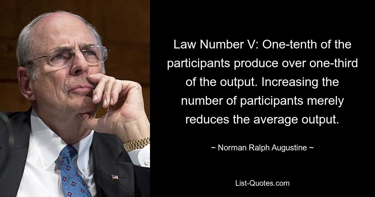 Law Number V: One-tenth of the participants produce over one-third of the output. Increasing the number of participants merely reduces the average output. — © Norman Ralph Augustine