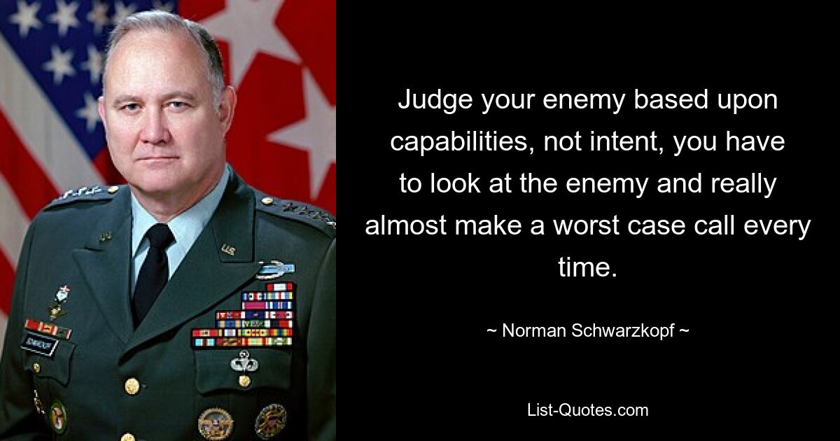 Judge your enemy based upon capabilities, not intent, you have to look at the enemy and really almost make a worst case call every time. — © Norman Schwarzkopf