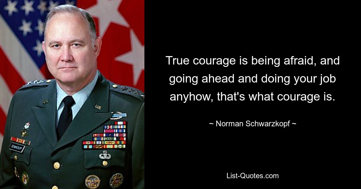 True courage is being afraid, and going ahead and doing your job anyhow, that's what courage is. — © Norman Schwarzkopf