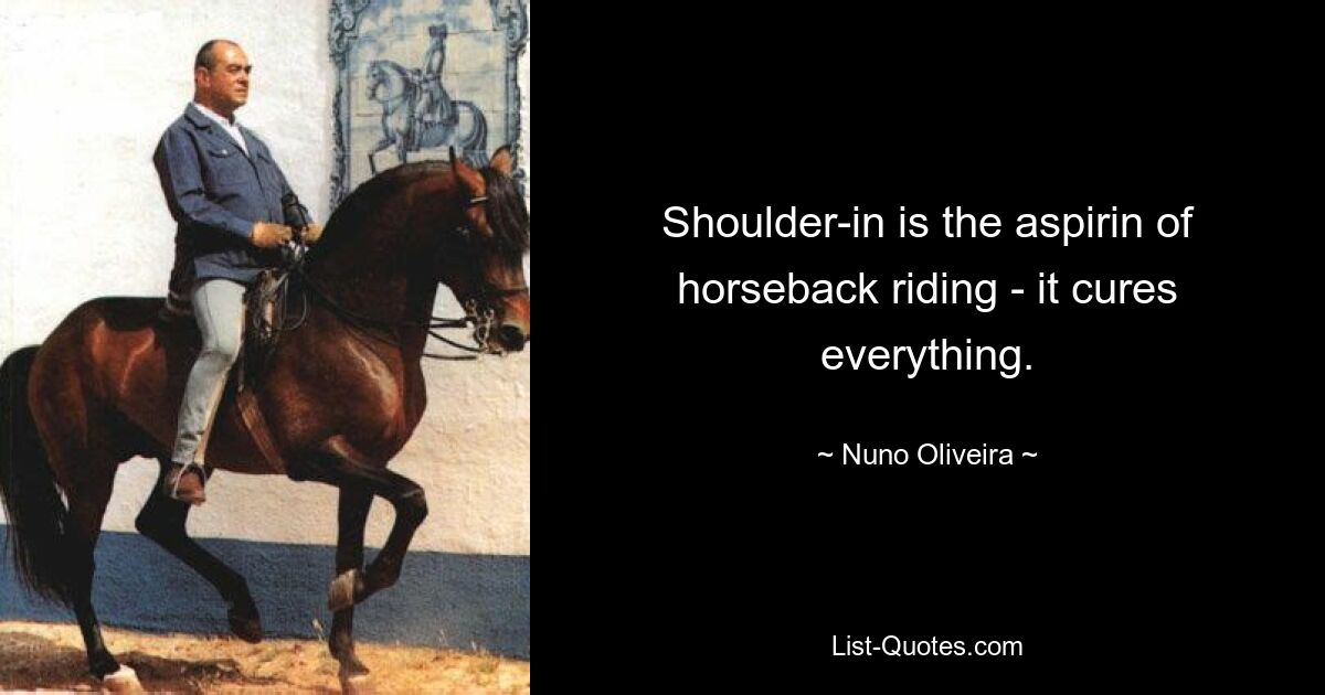 Shoulder-in is the aspirin of horseback riding - it cures everything. — © Nuno Oliveira