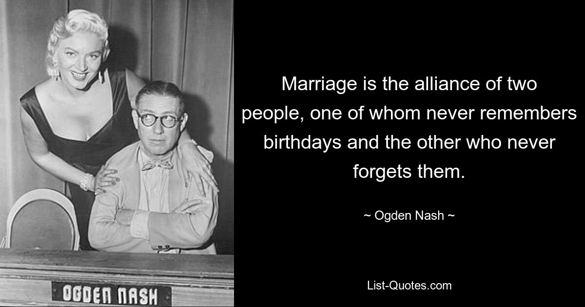 Marriage is the alliance of two people, one of whom never remembers birthdays and the other who never forgets them. — © Ogden Nash