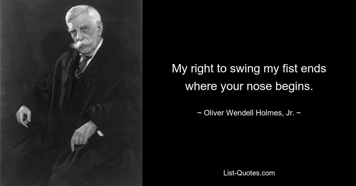 My right to swing my fist ends where your nose begins. — © Oliver Wendell Holmes, Jr.