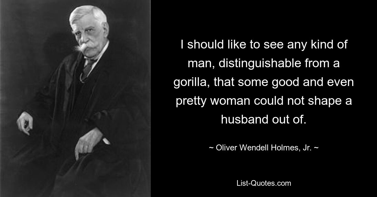 I should like to see any kind of man, distinguishable from a gorilla, that some good and even pretty woman could not shape a husband out of. — © Oliver Wendell Holmes, Jr.