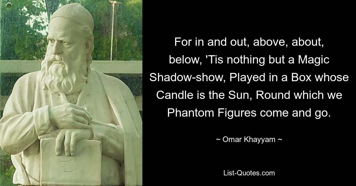 For in and out, above, about, below, 'Tis nothing but a Magic Shadow-show, Played in a Box whose Candle is the Sun, Round which we Phantom Figures come and go. — © Omar Khayyam