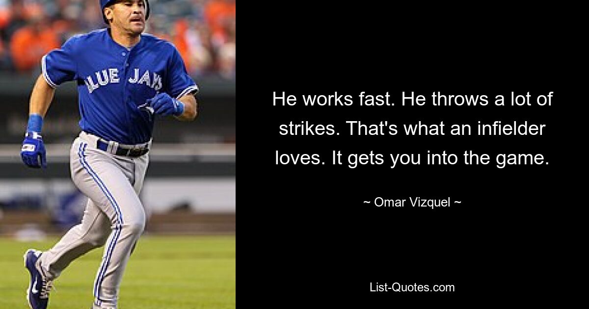 He works fast. He throws a lot of strikes. That's what an infielder loves. It gets you into the game. — © Omar Vizquel