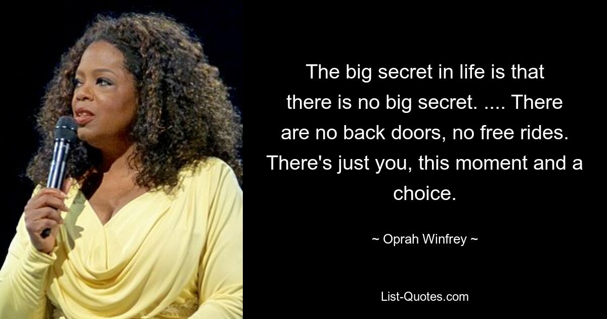 The big secret in life is that there is no big secret. .... There are no back doors, no free rides. There's just you, this moment and a choice. — © Oprah Winfrey