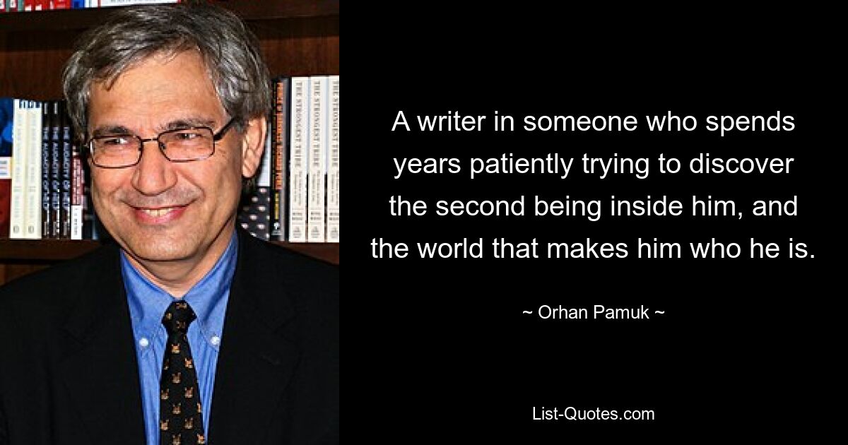 A writer in someone who spends years patiently trying to discover the second being inside him, and the world that makes him who he is. — © Orhan Pamuk