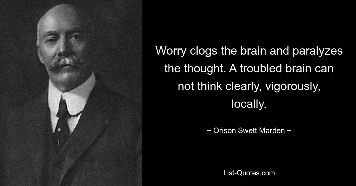 Worry clogs the brain and paralyzes the thought. A troubled brain can not think clearly, vigorously, locally. — © Orison Swett Marden