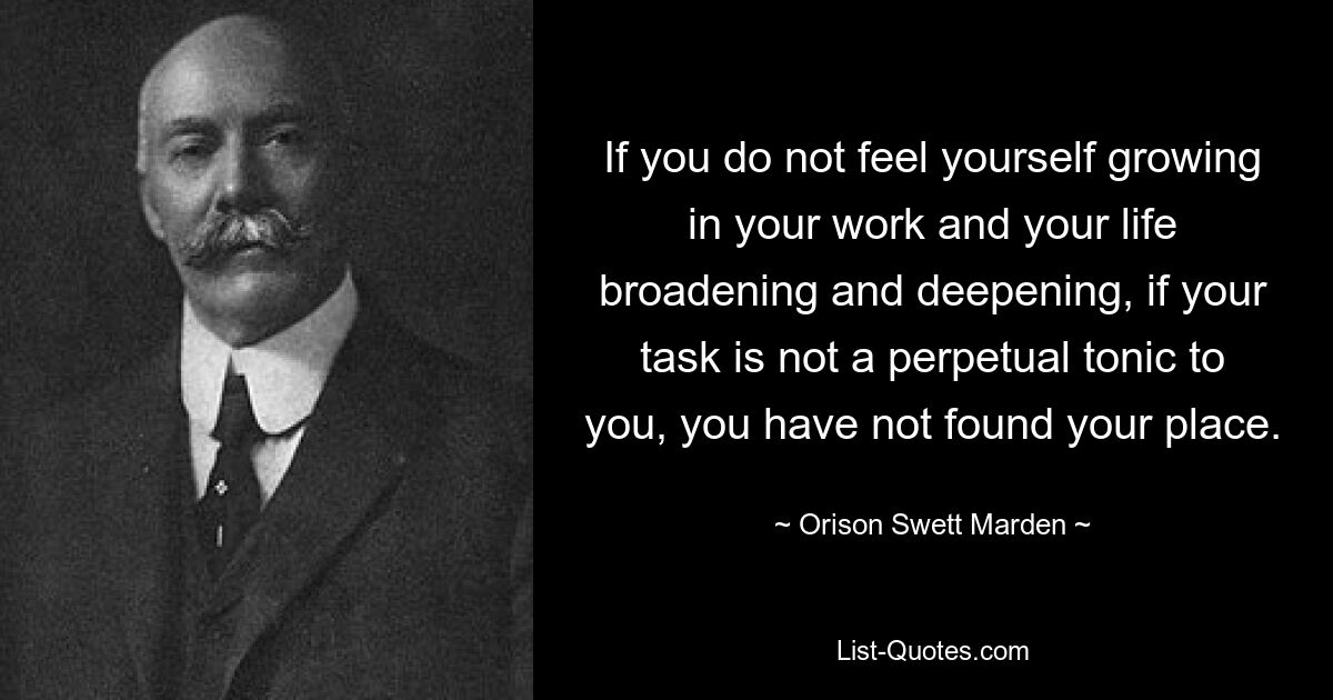 If you do not feel yourself growing in your work and your life broadening and deepening, if your task is not a perpetual tonic to you, you have not found your place. — © Orison Swett Marden