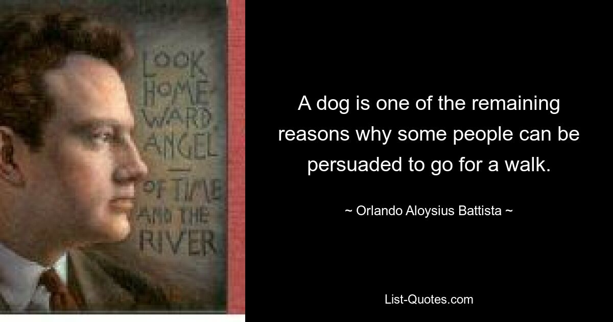 A dog is one of the remaining reasons why some people can be persuaded to go for a walk. — © Orlando Aloysius Battista