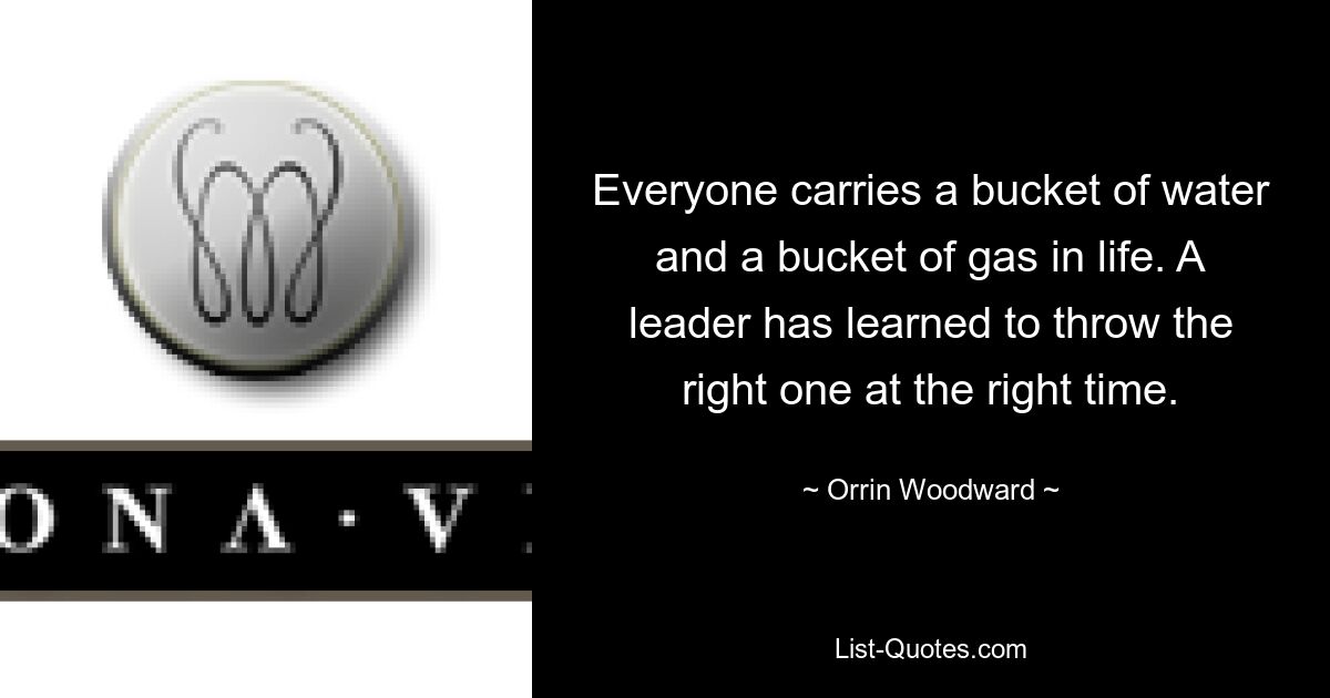 Everyone carries a bucket of water and a bucket of gas in life. A leader has learned to throw the right one at the right time. — © Orrin Woodward