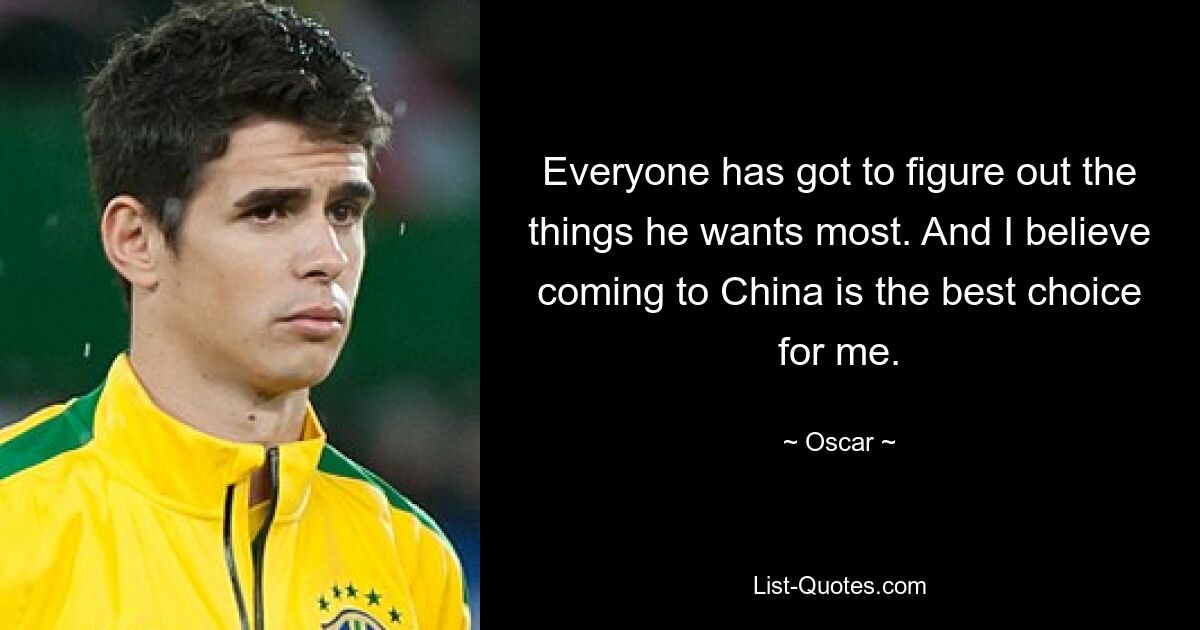 Everyone has got to figure out the things he wants most. And I believe coming to China is the best choice for me. — © Oscar