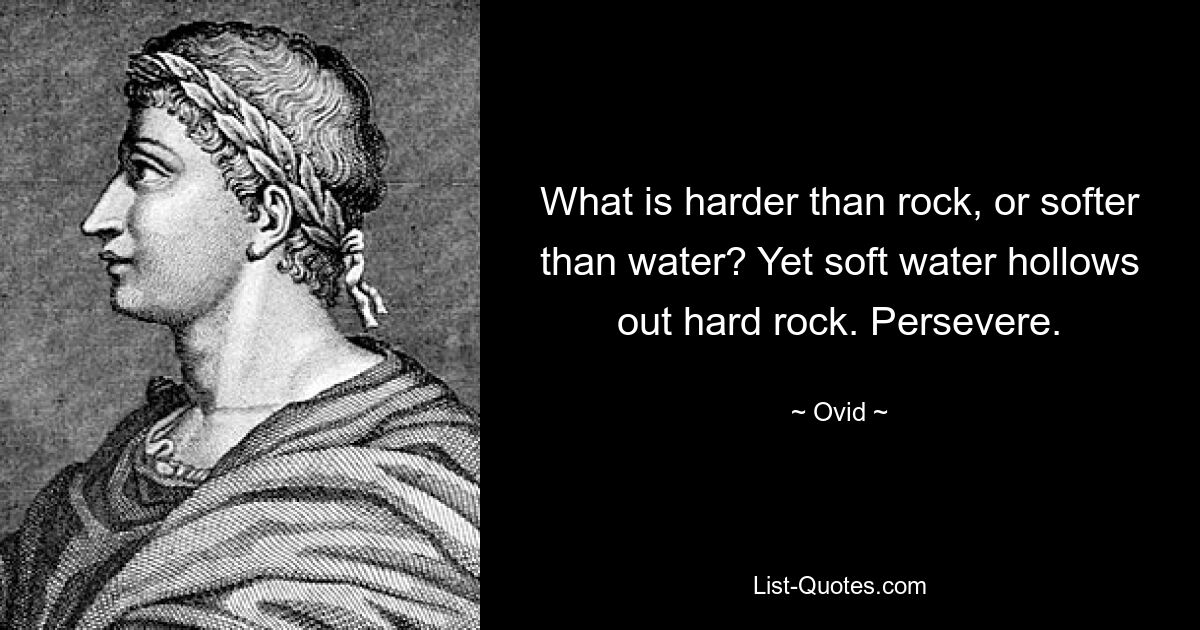 What is harder than rock, or softer than water? Yet soft water hollows out hard rock. Persevere. — © Ovid