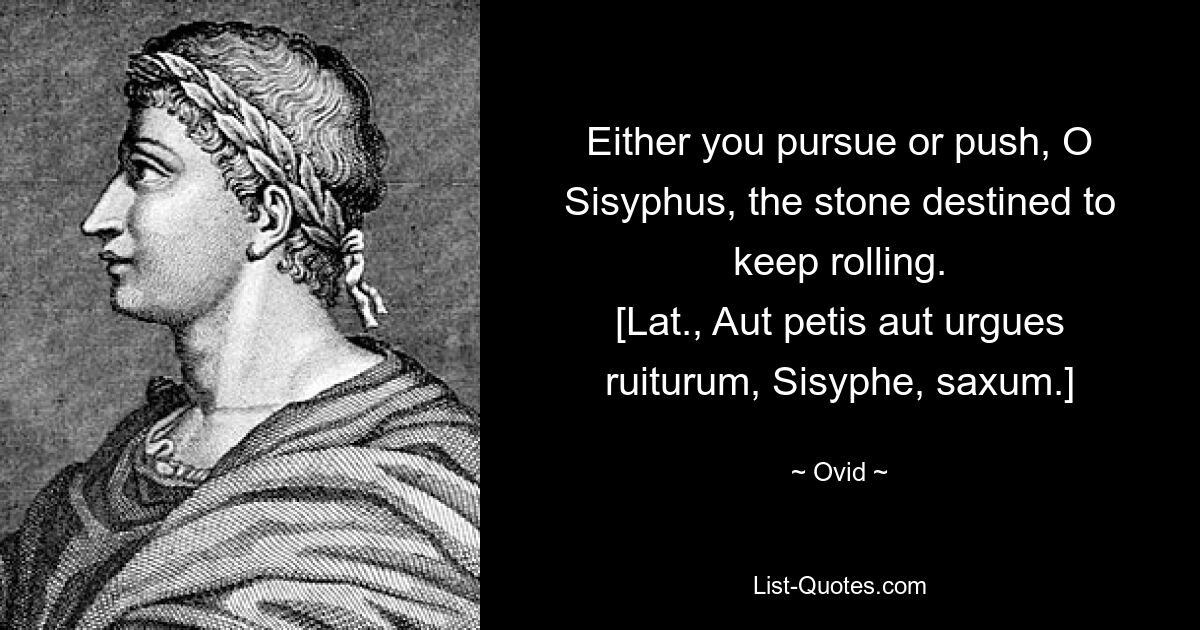 Either you pursue or push, O Sisyphus, the stone destined to keep rolling.
[Lat., Aut petis aut urgues ruiturum, Sisyphe, saxum.] — © Ovid