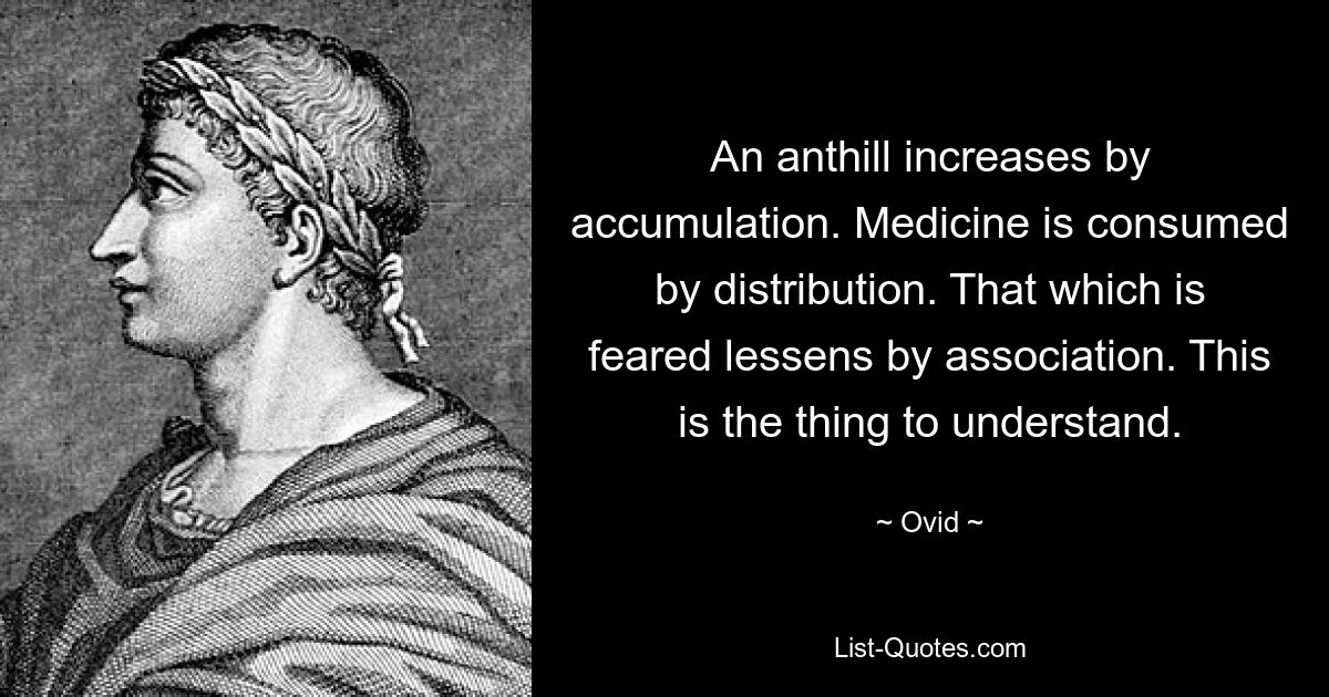 An anthill increases by accumulation. Medicine is consumed by distribution. That which is feared lessens by association. This is the thing to understand. — © Ovid