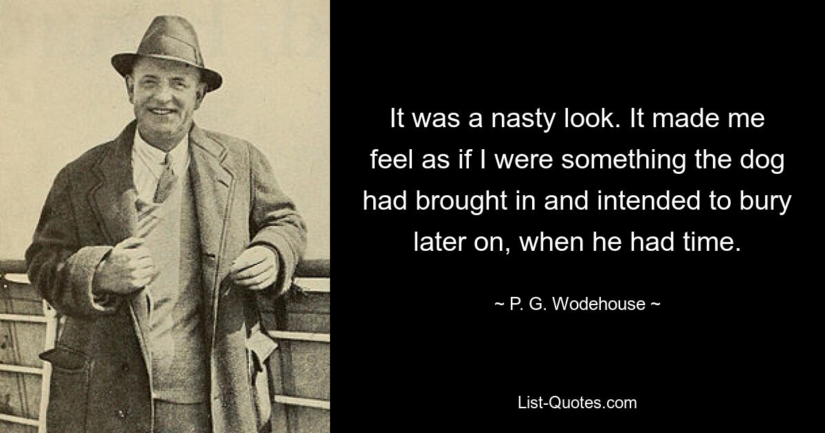 It was a nasty look. It made me feel as if I were something the dog had brought in and intended to bury later on, when he had time. — © P. G. Wodehouse