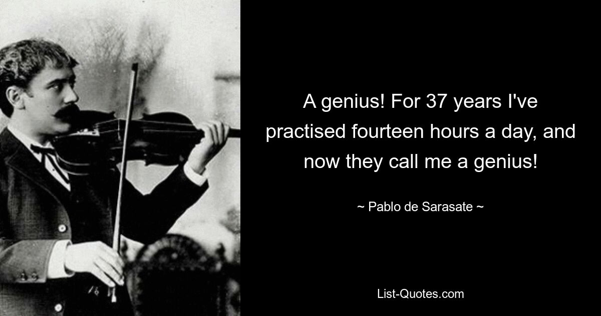 A genius! For 37 years I've practised fourteen hours a day, and now they call me a genius! — © Pablo de Sarasate