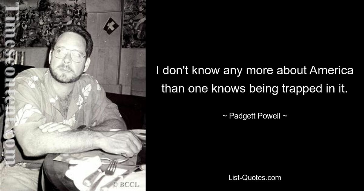 I don't know any more about America than one knows being trapped in it. — © Padgett Powell