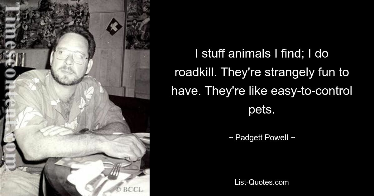 I stuff animals I find; I do roadkill. They're strangely fun to have. They're like easy-to-control pets. — © Padgett Powell