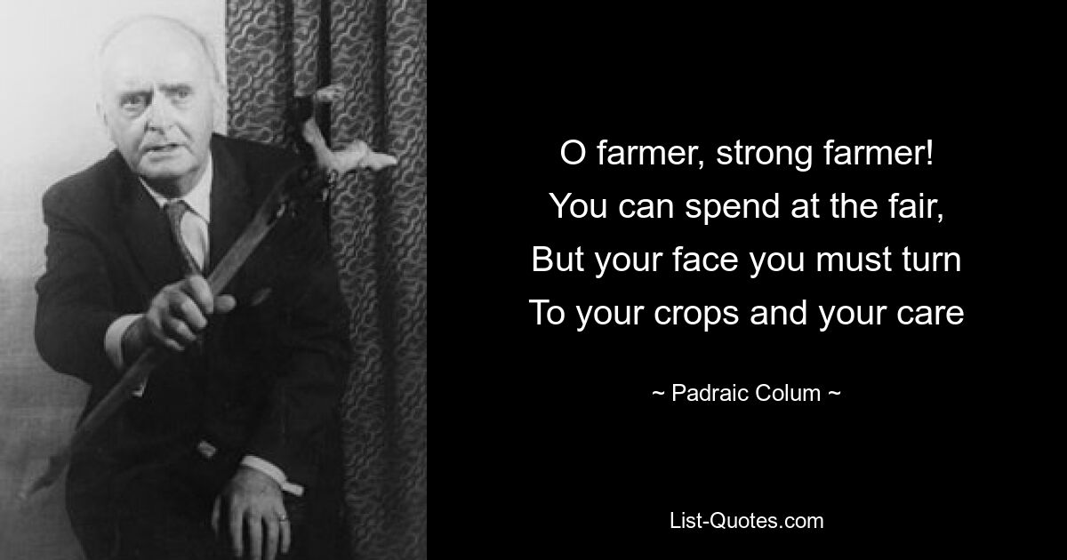 O farmer, strong farmer!
You can spend at the fair,
But your face you must turn
To your crops and your care — © Padraic Colum