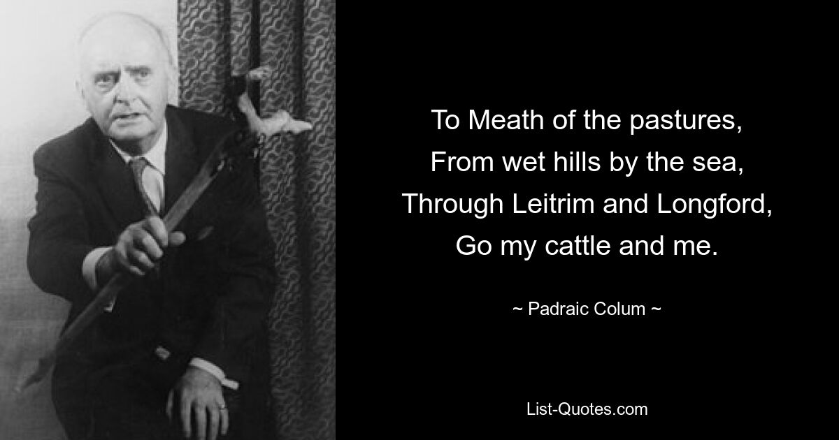 To Meath of the pastures,
From wet hills by the sea,
Through Leitrim and Longford,
Go my cattle and me. — © Padraic Colum