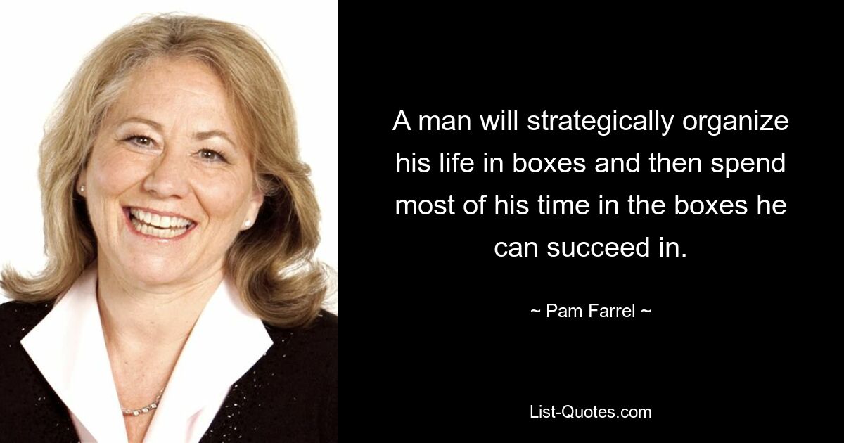 A man will strategically organize his life in boxes and then spend most of his time in the boxes he can succeed in. — © Pam Farrel