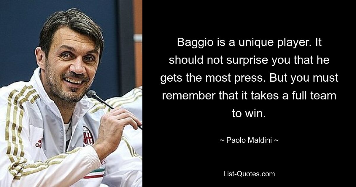 Baggio is a unique player. It should not surprise you that he gets the most press. But you must remember that it takes a full team to win. — © Paolo Maldini