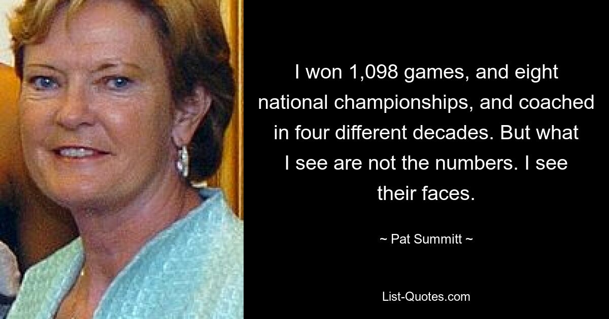 I won 1,098 games, and eight national championships, and coached in four different decades. But what I see are not the numbers. I see their faces. — © Pat Summitt