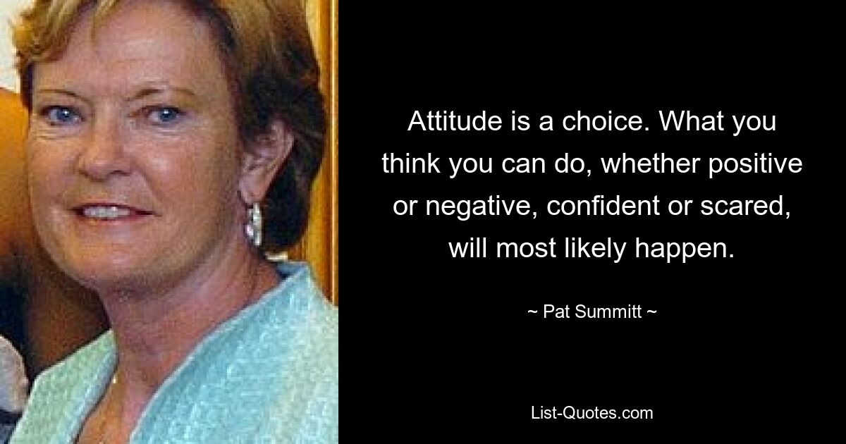 Attitude is a choice. What you think you can do, whether positive or negative, confident or scared, will most likely happen. — © Pat Summitt