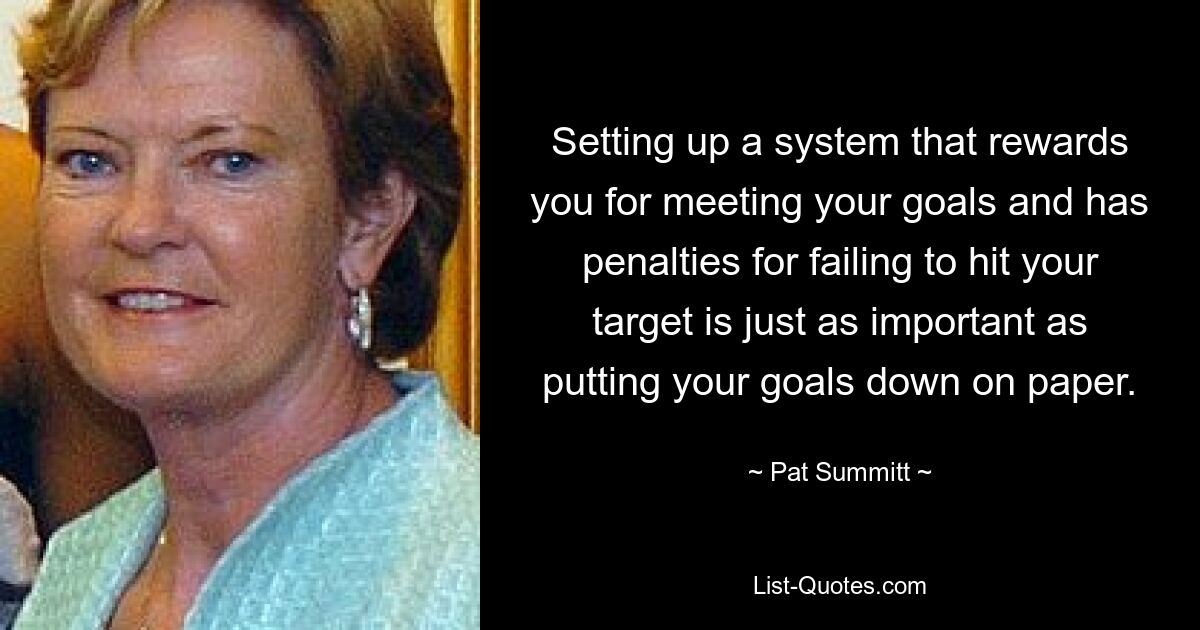 Setting up a system that rewards you for meeting your goals and has penalties for failing to hit your target is just as important as putting your goals down on paper. — © Pat Summitt