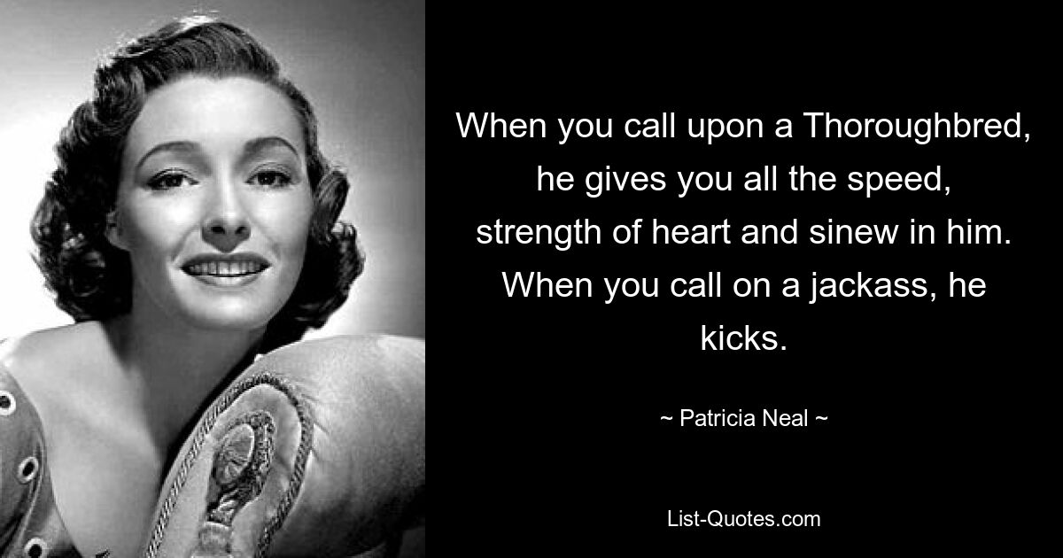 When you call upon a Thoroughbred, he gives you all the speed, strength of heart and sinew in him. When you call on a jackass, he kicks. — © Patricia Neal