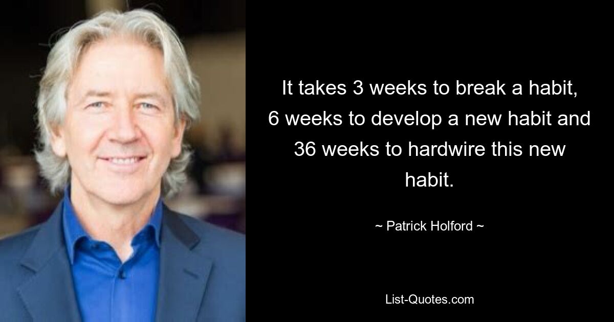 It takes 3 weeks to break a habit, 6 weeks to develop a new habit and 36 weeks to hardwire this new habit. — © Patrick Holford