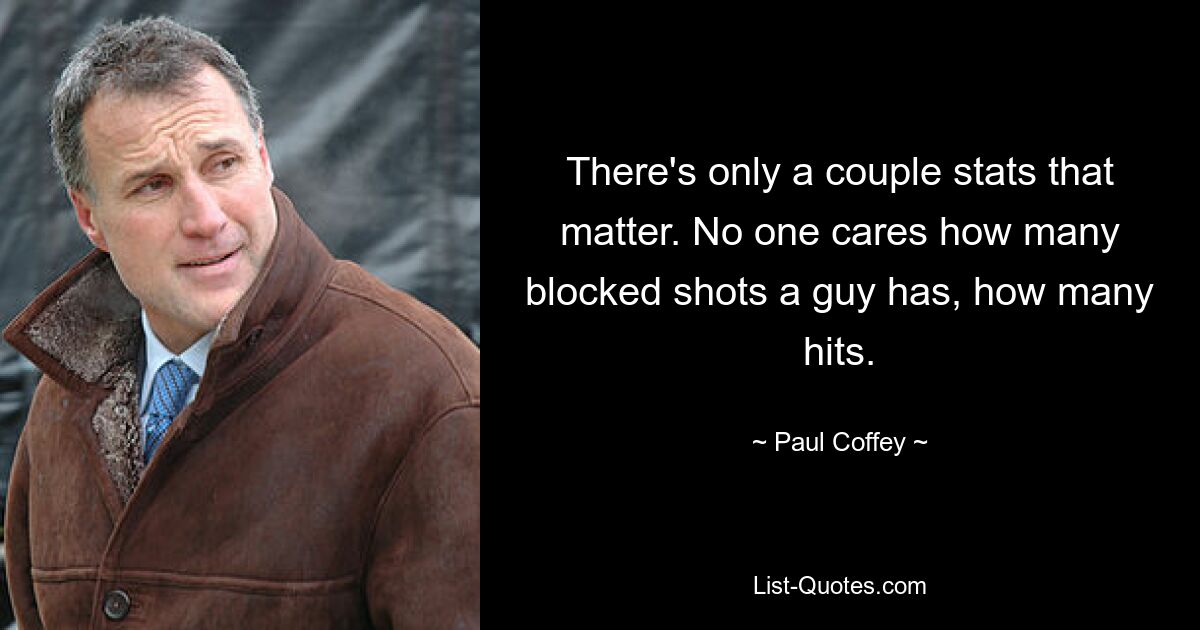 There's only a couple stats that matter. No one cares how many blocked shots a guy has, how many hits. — © Paul Coffey