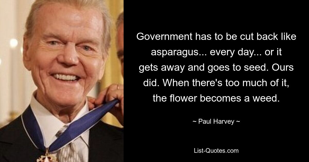 Government has to be cut back like asparagus... every day... or it gets away and goes to seed. Ours did. When there's too much of it, the flower becomes a weed. — © Paul Harvey