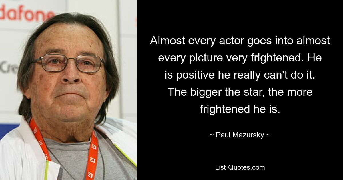 Almost every actor goes into almost every picture very frightened. He is positive he really can't do it. The bigger the star, the more frightened he is. — © Paul Mazursky