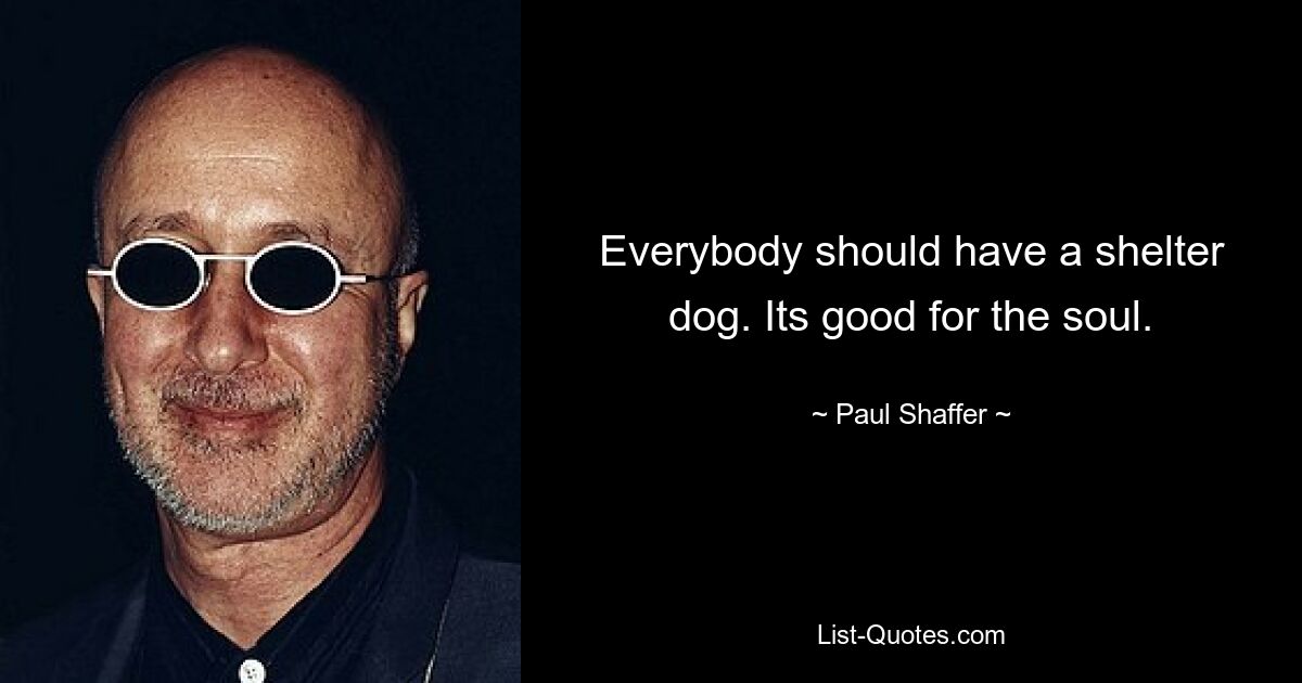 Everybody should have a shelter dog. Its good for the soul. — © Paul Shaffer